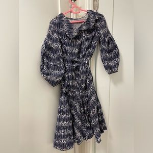 Flare Wrap Dress in Blue White Grey Prints with Bell Sleeves